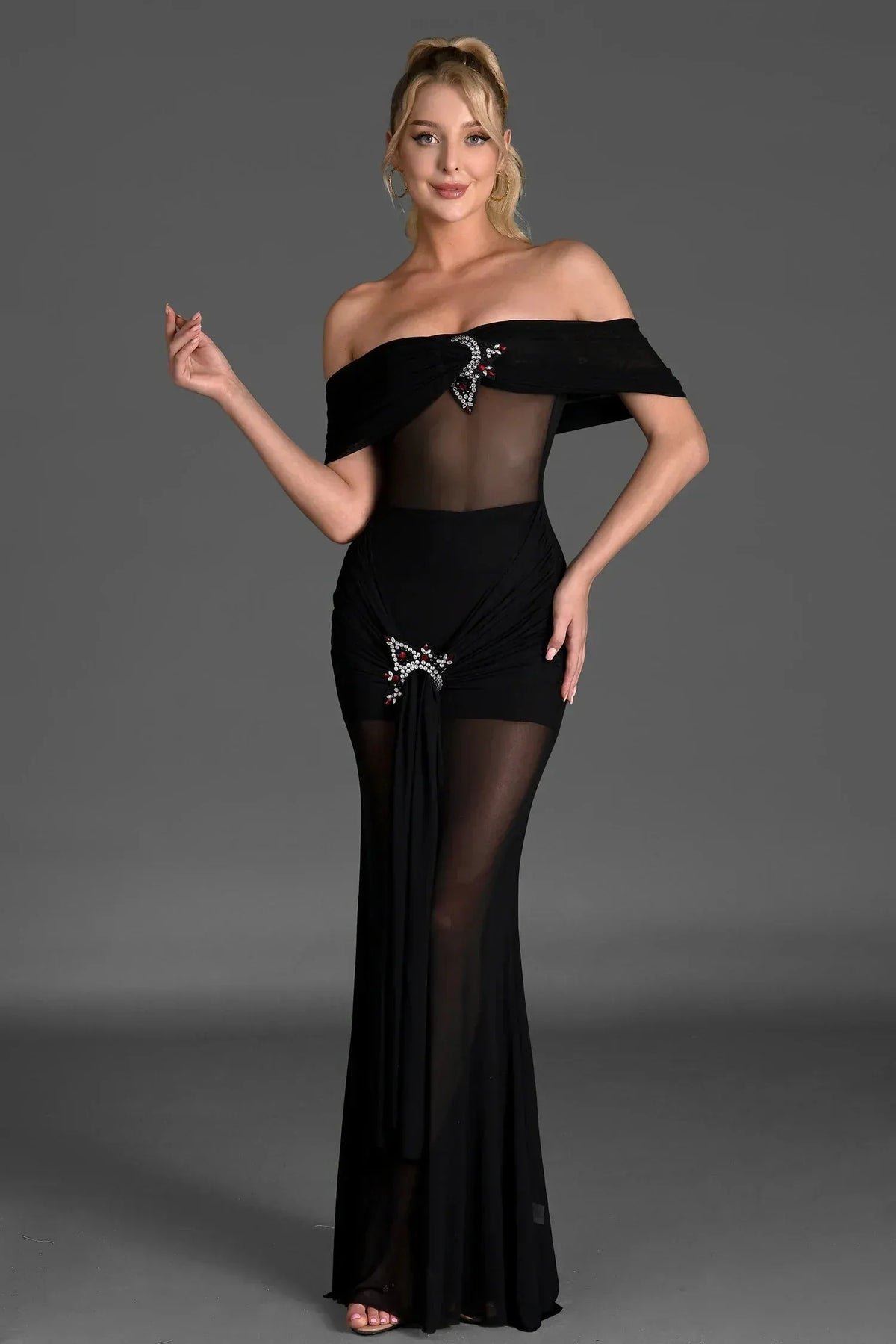 Logilis Crystal Sheer Mesh Dress In Black Flowering Girl