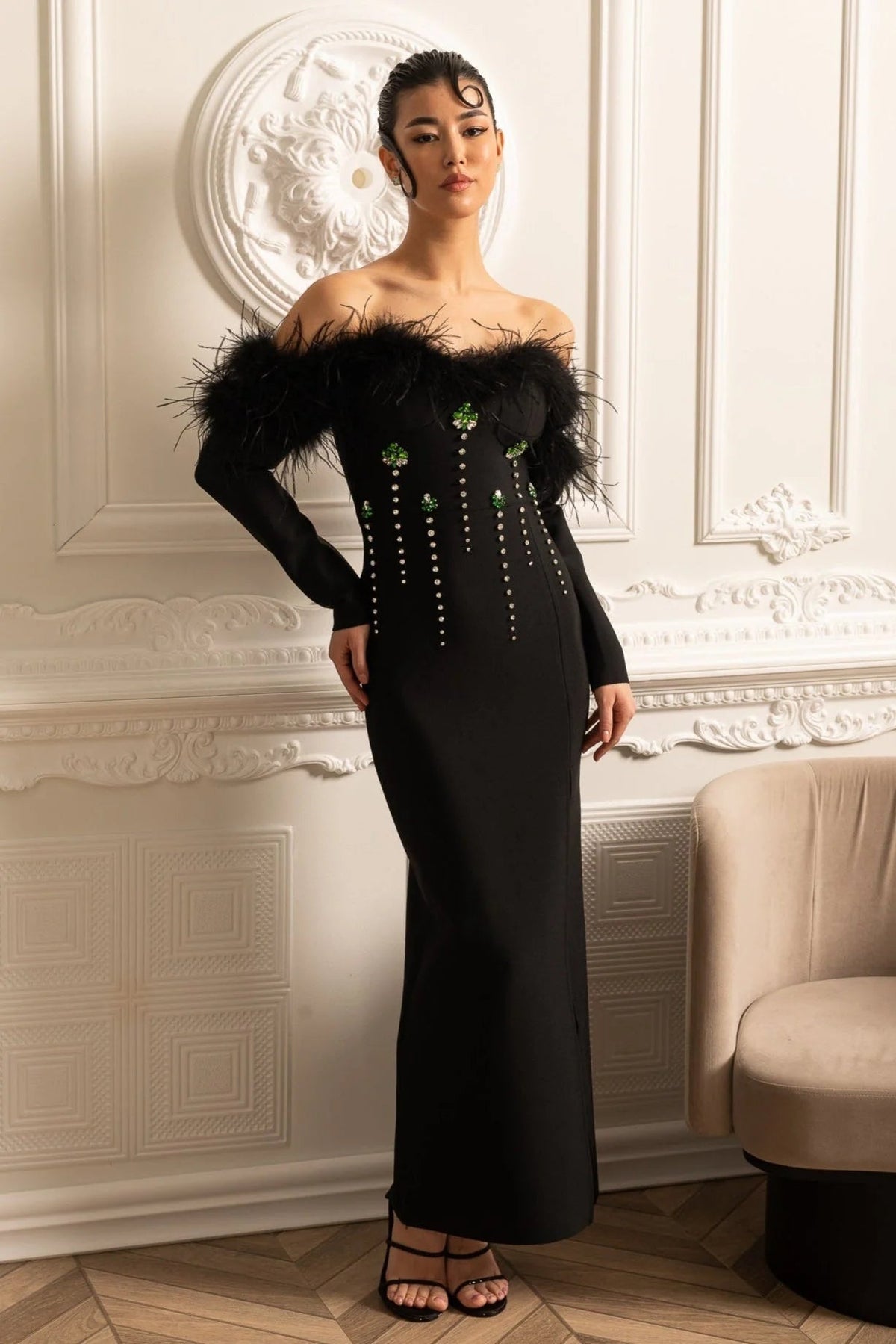 Lara Sequin High Slit Feather Adorned Maxi Dress - Black Flowering Girl