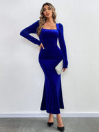 Blue Bodycon Long-Sleeved Velvet Fishtail Maxi Dress Flowering Girl