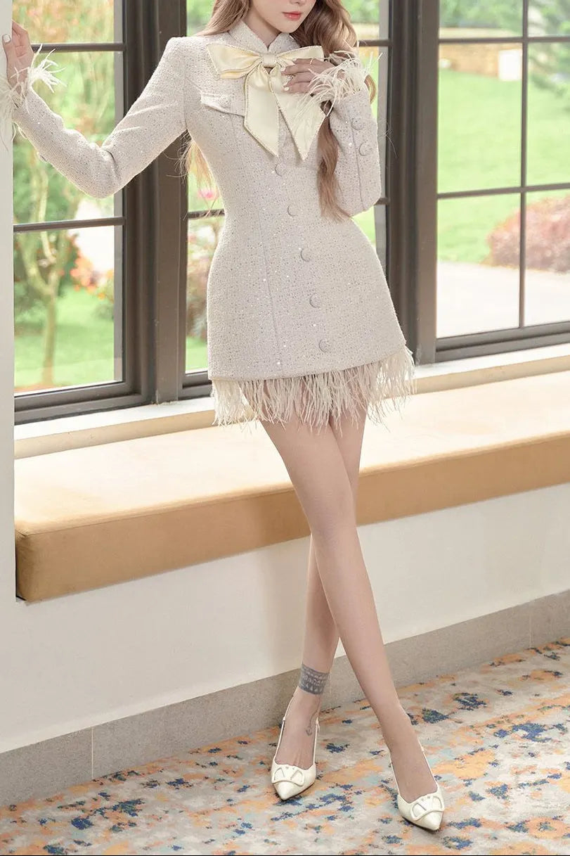 Theresa Large Bow Feather Blazer Mini Dress In White Flowering Girl