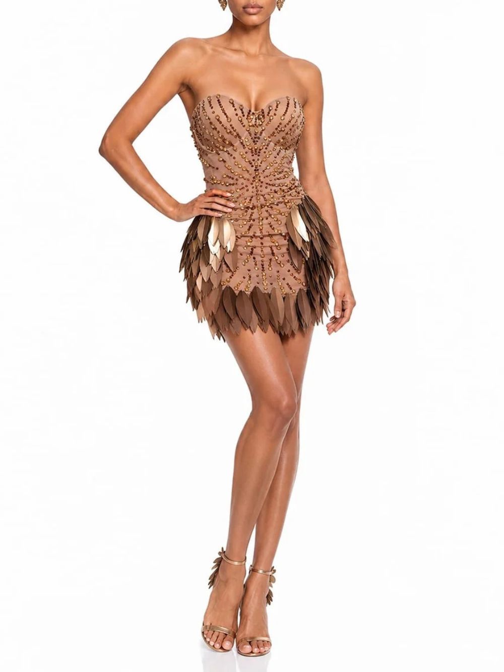 Dolvess Strapless Rhinestone Leaf Mini Dress Flowering Girl