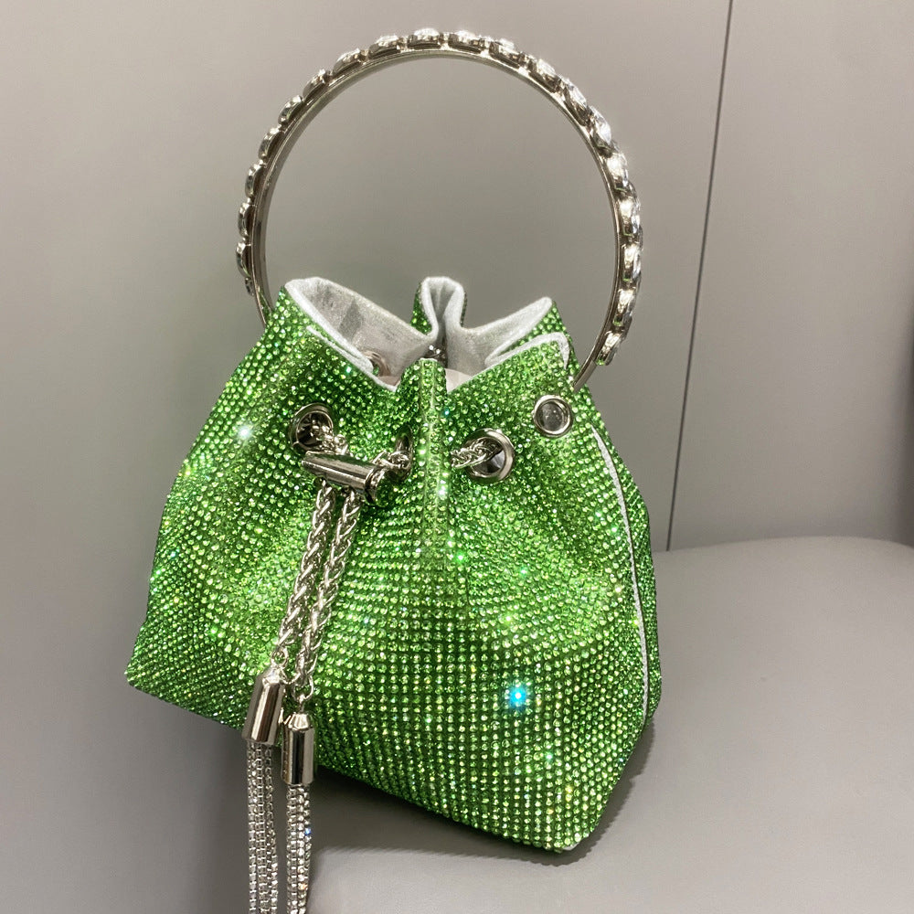Crystal Embellished Bucket Bag In Green Flowering Girl