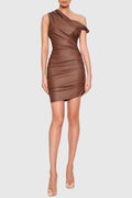 Kadwyn Ruched Asymmetric Faux Leather Mini Dress - Brown Flowering Girl