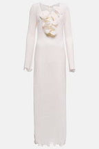 Long Sleeve V-Neck Slit Maxi Dress Solid Color Flowering Girl