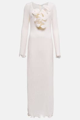 Long Sleeve V-Neck Slit Maxi Dress Solid Color Flowering Girl