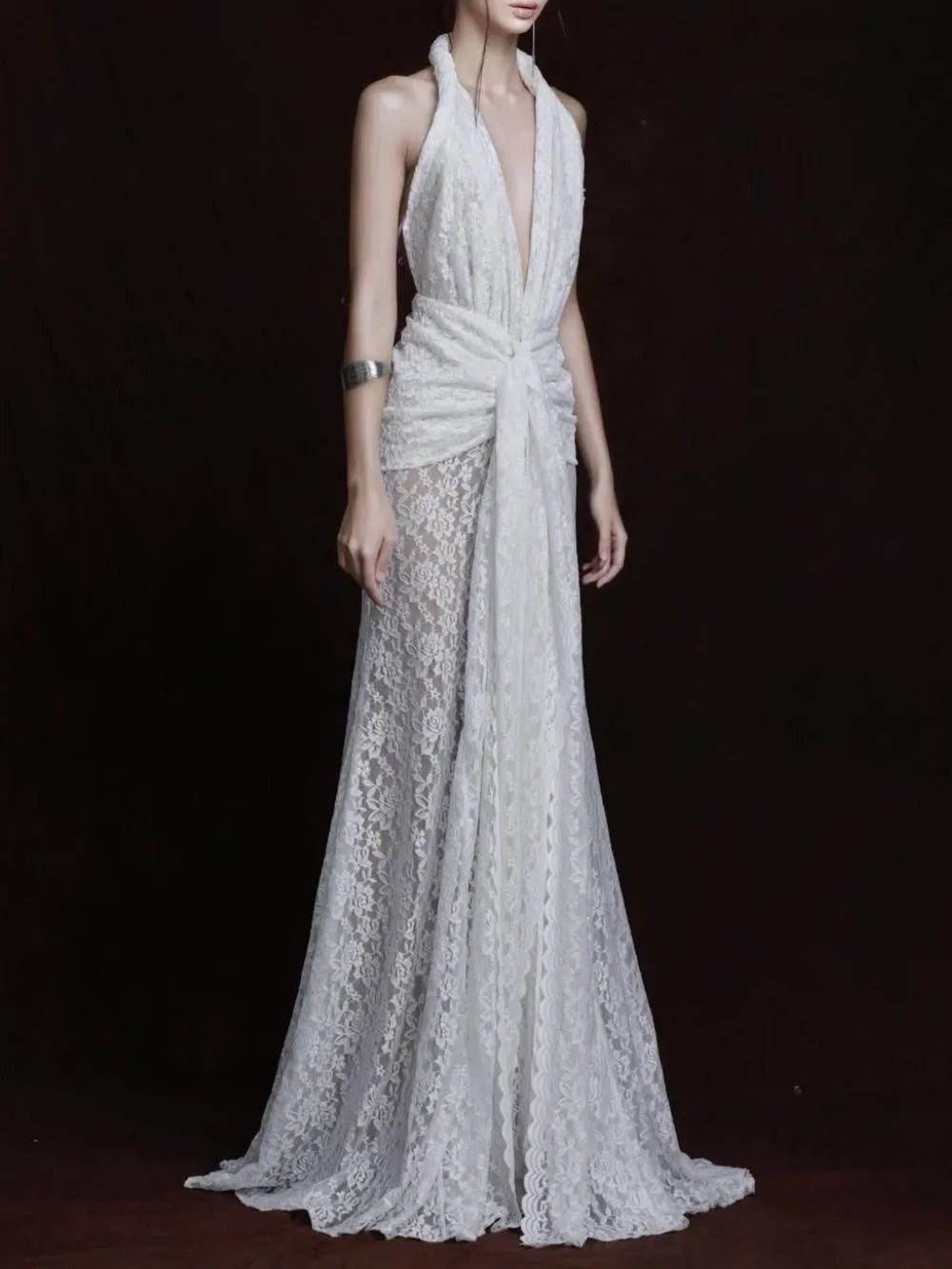 Fynderic Plunge Neck Lace Split Maxi Dress Flowering Girl