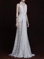Fynderic Plunge Neck Lace Split Maxi Dress Flowering Girl