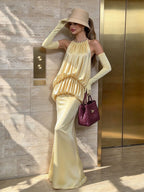 Myna Yellow Halter Pleated Maxi Dress With Gloves
