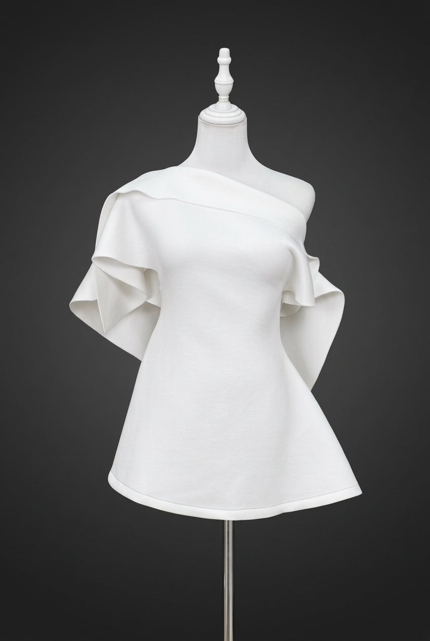 White Structured One-Shoulder Mini Dress with Asymmetrical Draping