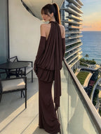 Myna Coffee Halter Pleated Maxi Dress With Gloves