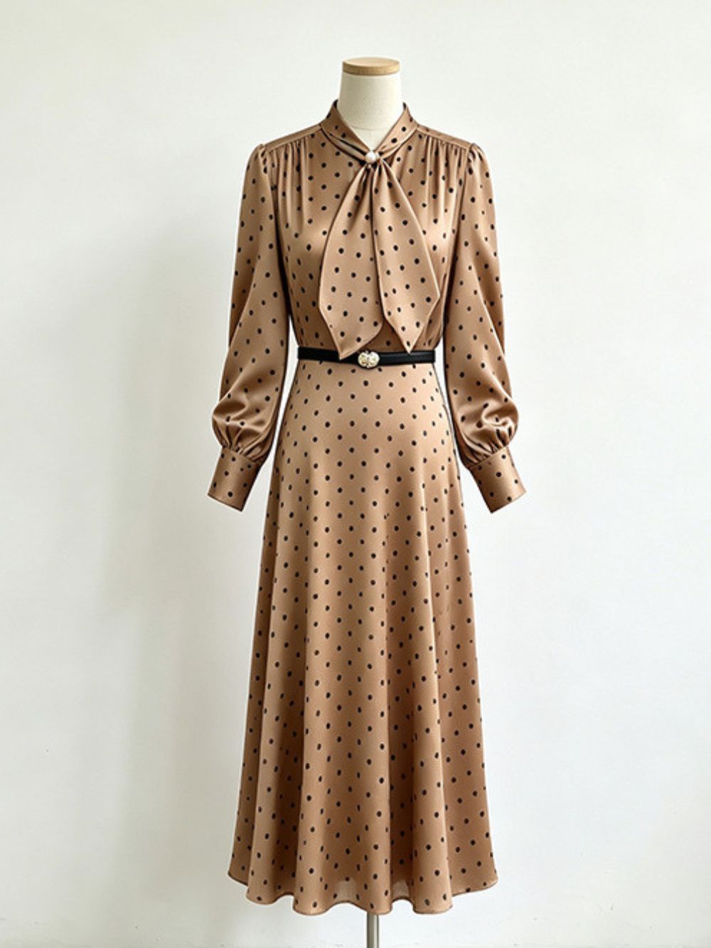 Bronze-gold Satin Polka Dot A-line Midi Dress