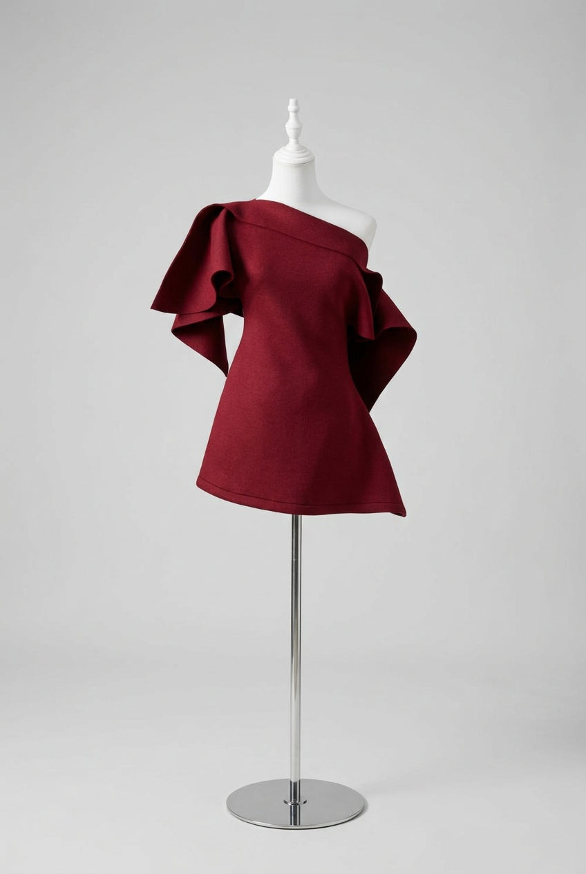 Deep Red One-Shoulder Sculptural Draped Mini Dress