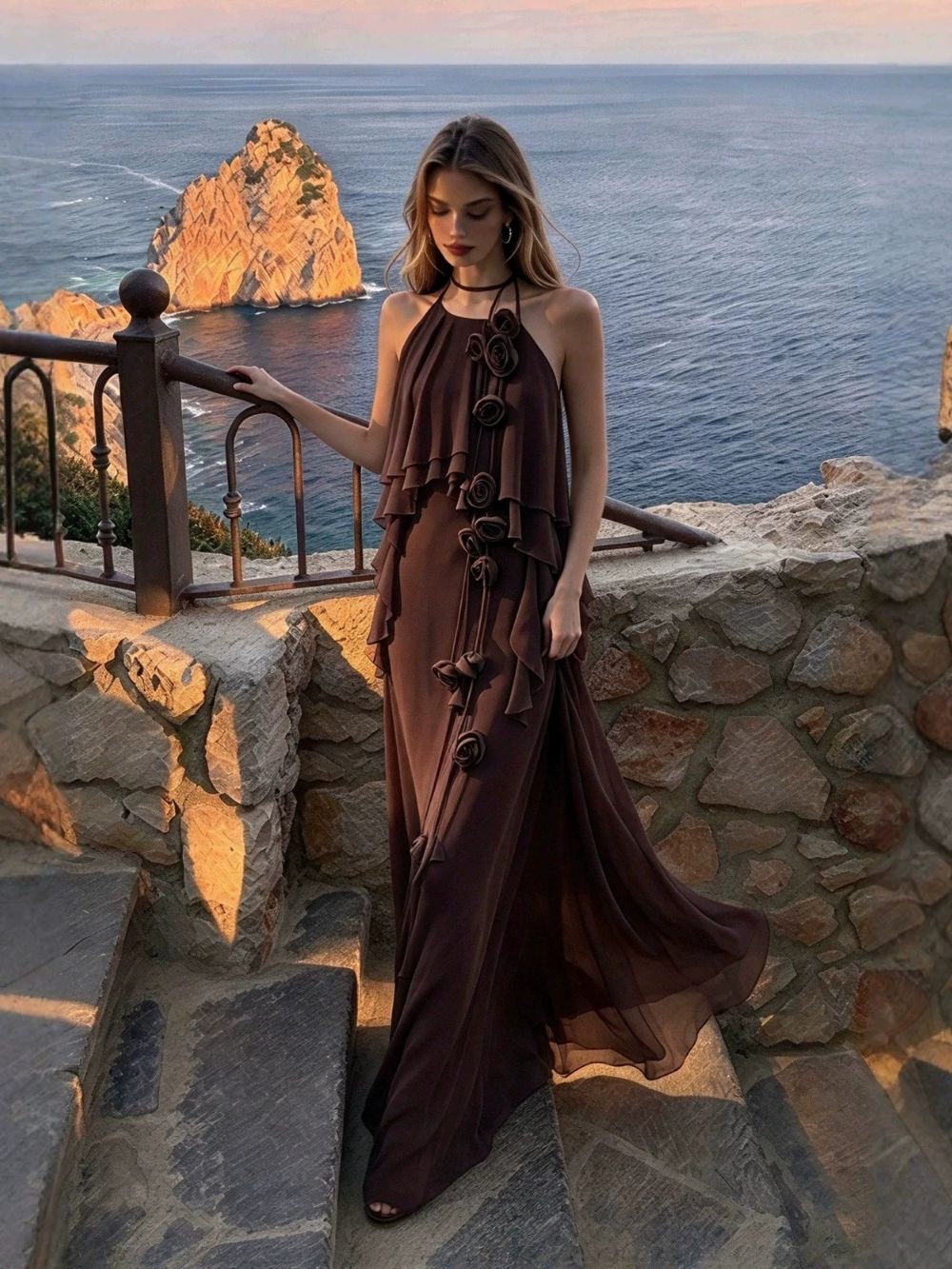 Myriam Coffee Halter Flower Maxi Dress