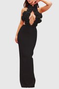 Datherine Floral Appliqué Halter Maxi Bandage Dress - Black Flowering Girl