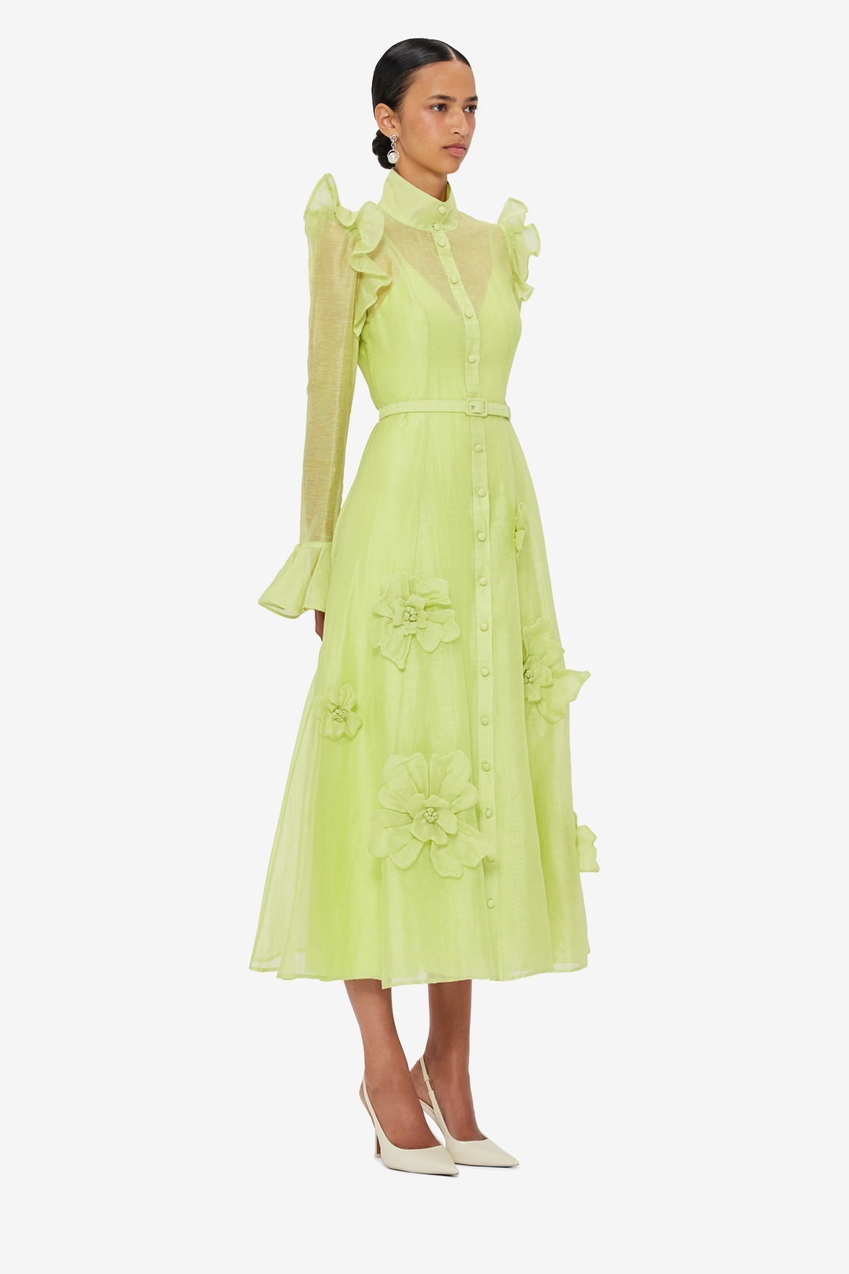 3d Flower Butterfly Sleeve Midi Dress - Chartreuse Flowering Girl
