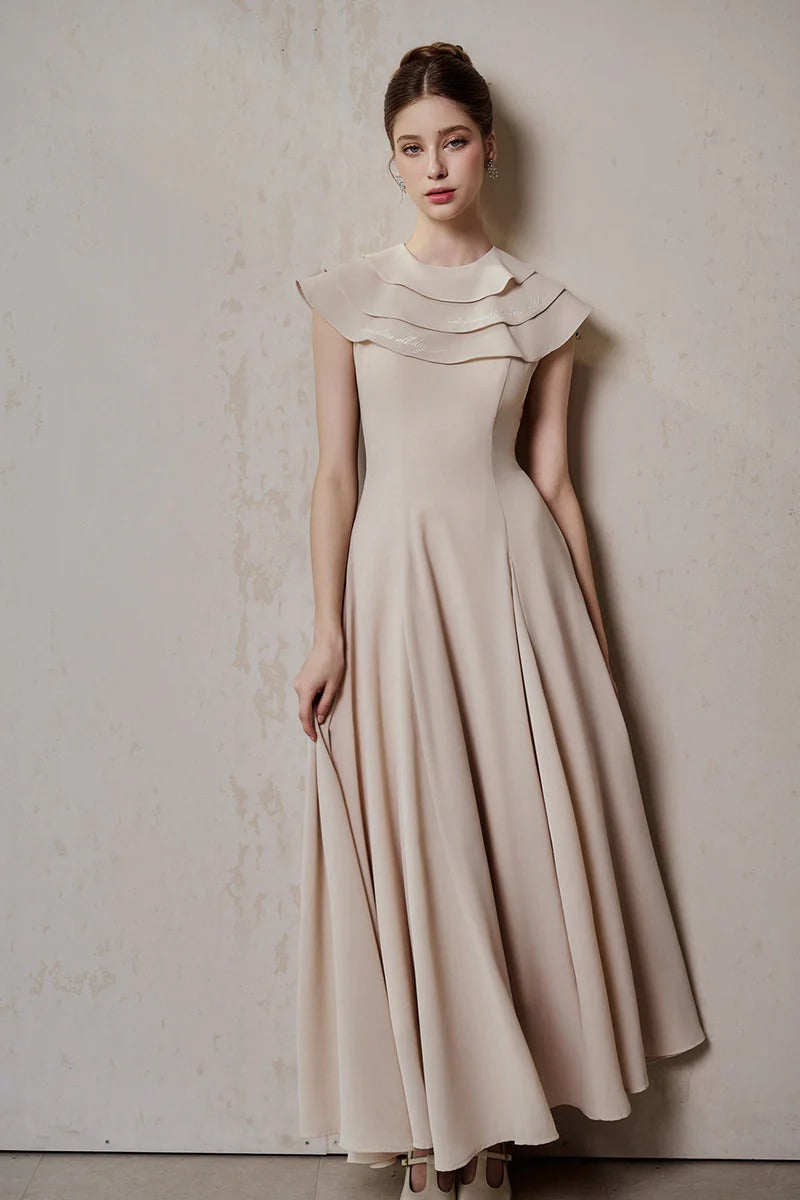 A-Line Jewel Neck Viscose Ankle Maxi Dress In Beige Flowering Girl