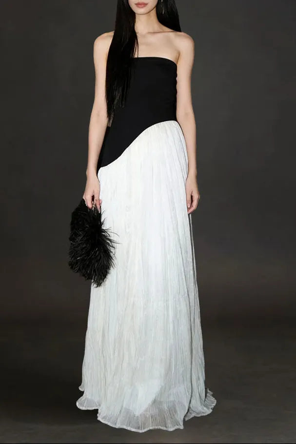 Black White Contrast Tube Top Irregular Maxi Dress Flowering Girl