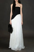 Black White Contrast Tube Top Irregular Maxi Dress Flowering Girl