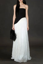 Black White Contrast Tube Top Irregular Maxi Dress Flowering Girl