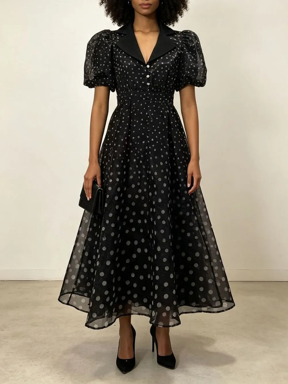 Maxence Black Polka Dot Puff-Sleeve Midi Dress Flowering Girl