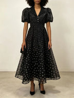 Maxence Black Polka Dot Puff-Sleeve Midi Dress Flowering Girl