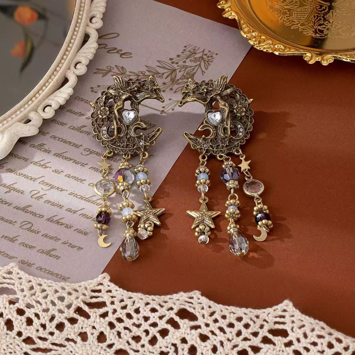 Vintage Fairy Moon Star Tassel Drop Earrings Flowering Girl