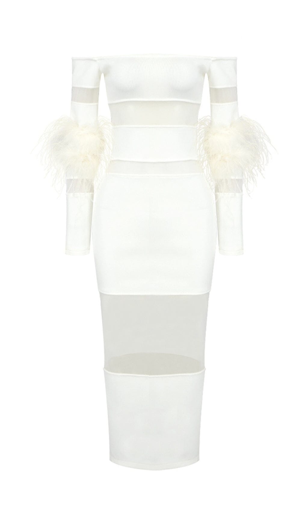 Bandage Off-Shoulder Feather Midi Dress In White Flowering Girl