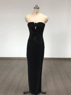 Strapless Rhinestone Rose Maxi Dress In Black Flowering Girl