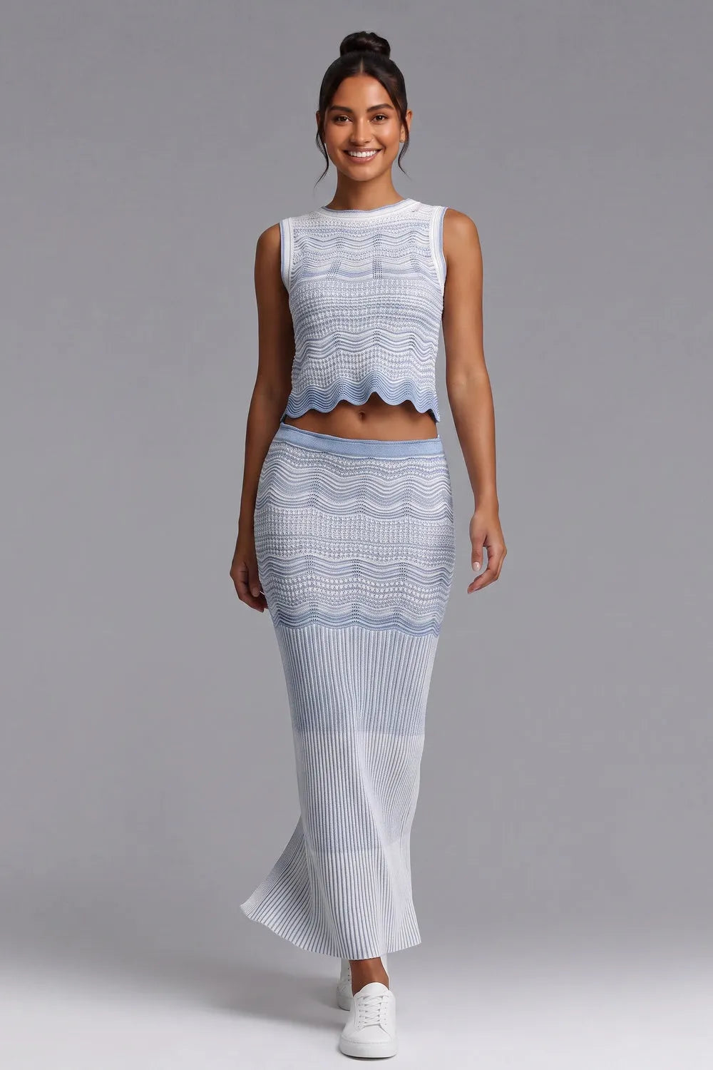Wavy‑Knit Sleeveless Crop Top & Midi Skirt Two‑Piece Set Flowering Girl