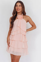 Rebecca Halterneck Ruffle Mini Dress In Pink Flowering Girl
