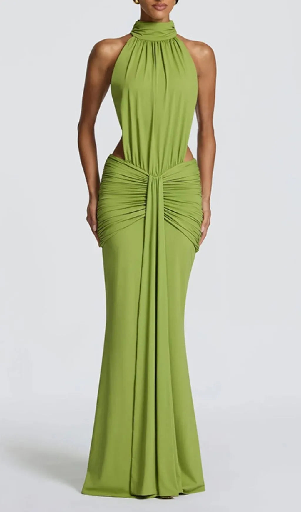 Kirya Green Ruched Backless Maxi Dress Flowering Girl