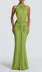 Kirya Green Ruched Backless Maxi Dress Flowering Girl