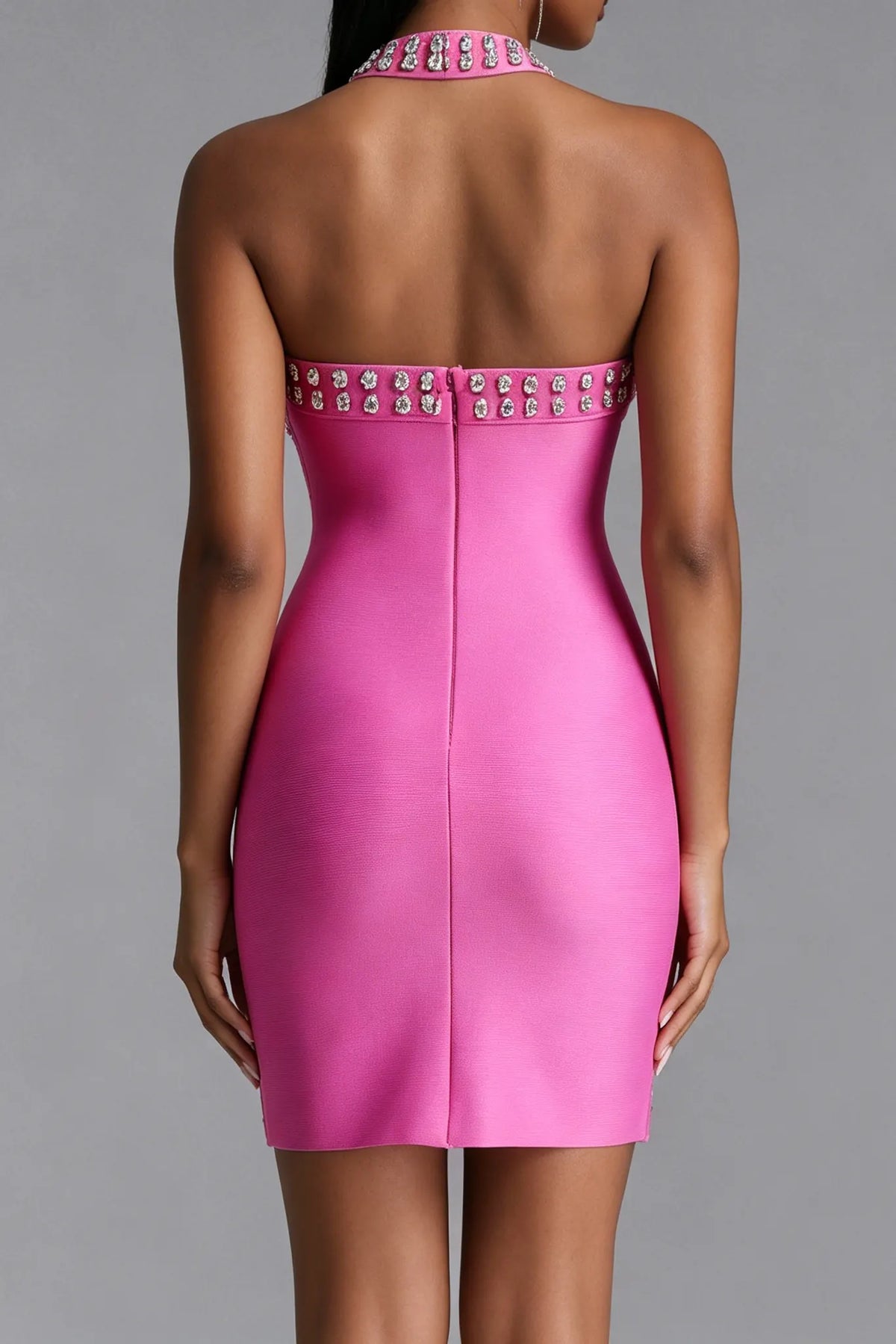 Hot Pink Rhinestone Halter Bodycon Mini Bandage Dress Flowering Girl