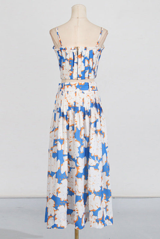 Pleated Floral-Print Linen Bustier Top Skirt Set In Blue Flowering Girl