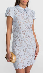 Sylvia Light Blue Floral Lace Hollow Mini Dress With Satin Collar Flowering Girl