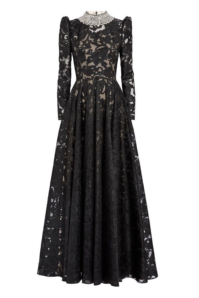 Black Mesh Diamond Embroidered Maxi Dress Flowering Girl