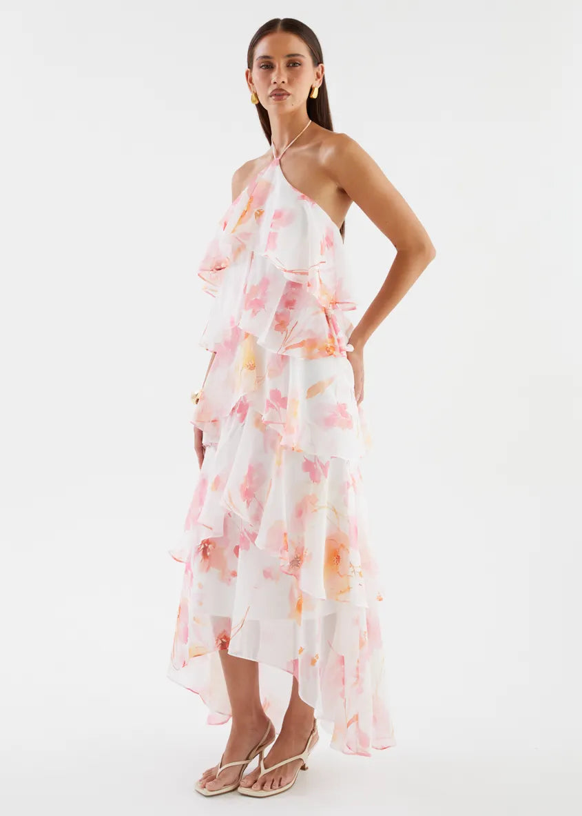 Floral Print Layerhalter Maxi Dress - Pink Floral Flowering Girl