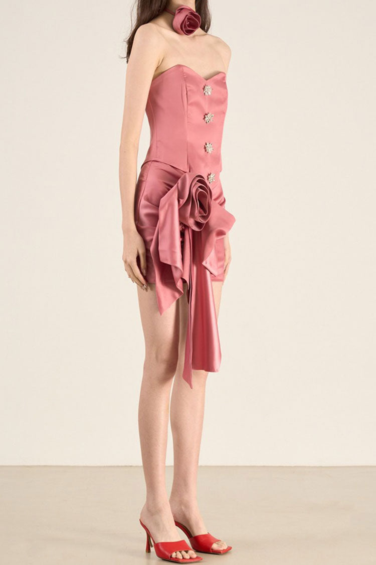 Tube Top Rosette Mini Two Piece Dress In Pink Flowering Girl