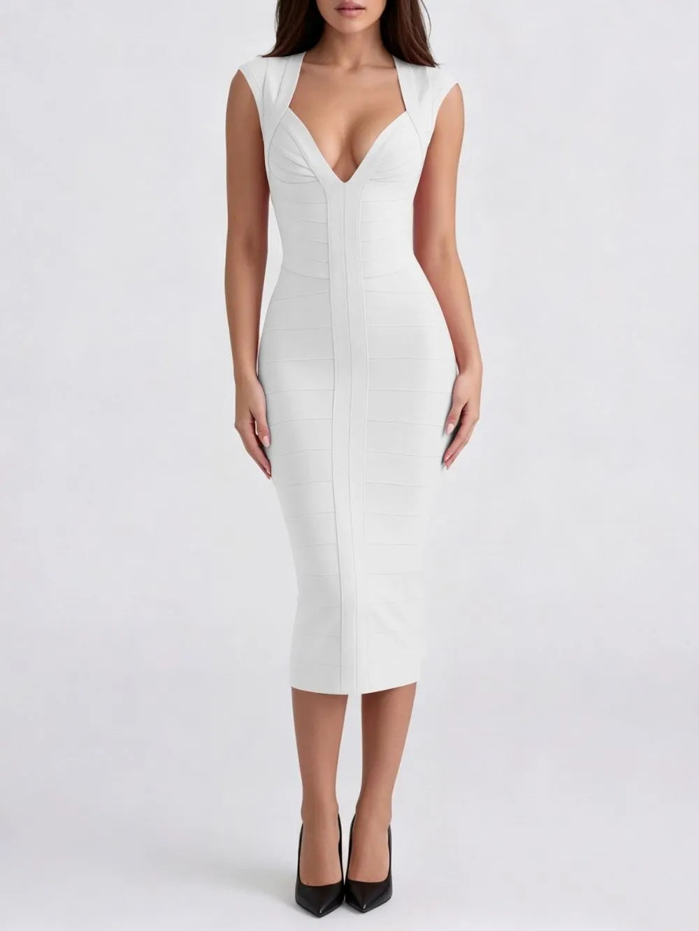Marixa White V-Neck Bandage Midi Dress Flowering Girl