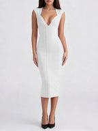 Marixa White V-Neck Bandage Midi Dress Flowering Girl