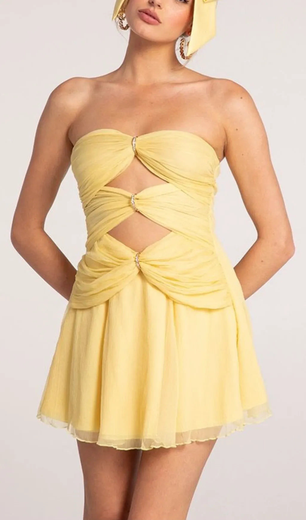 Bryony Yellow Strapless Cutout Mini Dress Flowering Girl