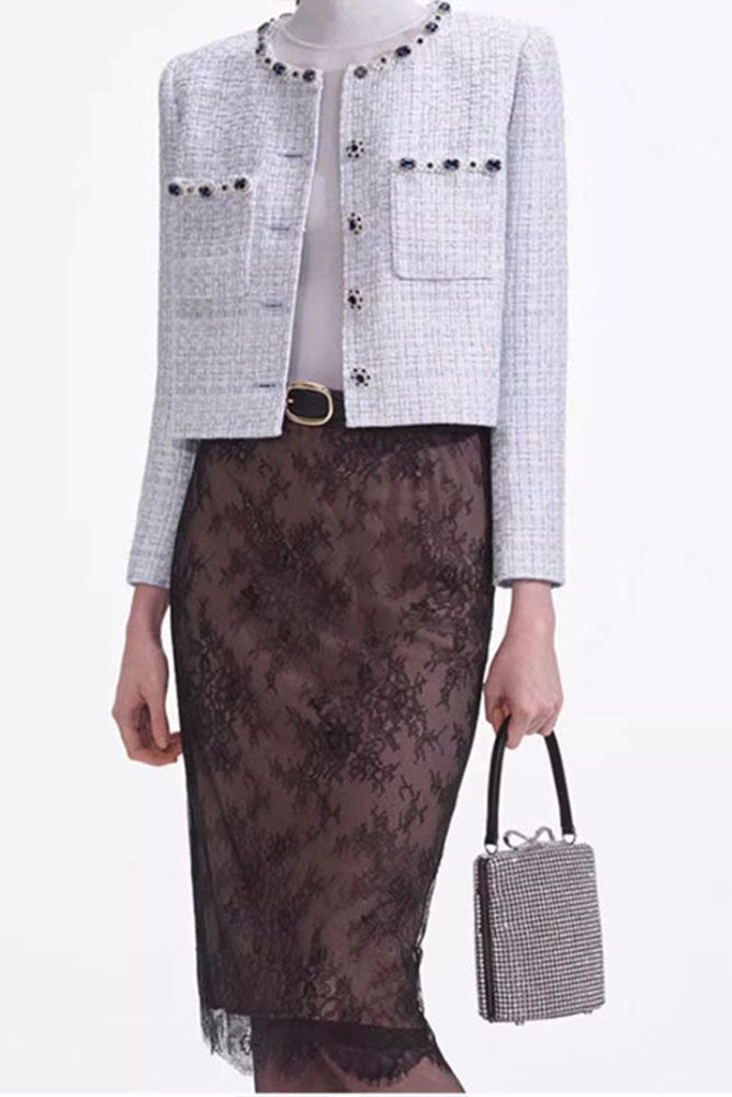 Zenobia Pale Blue Beaded Embellished Tweed Jacket Flowering Girl