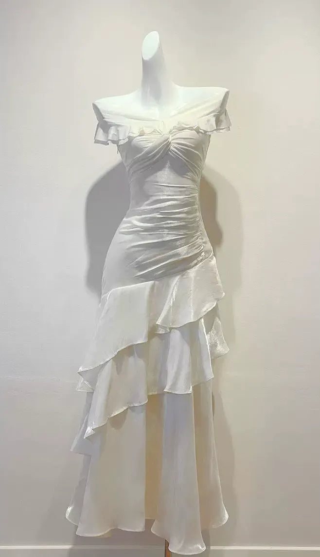 Off Shoulder Twist Ruched Tiered Ruffle Satin Maxi Dress Flowering Girl