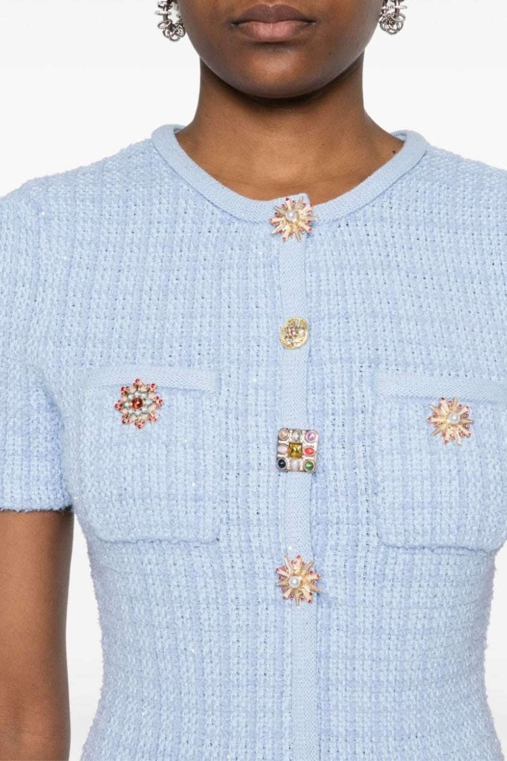 Modesty Beaded Button Knit Mini Dress In Blue Flowering Girl