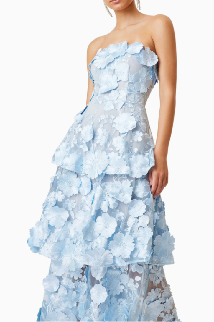 Selene 3D Flower Tiered Maxi Dress In Blue Flowering Girl