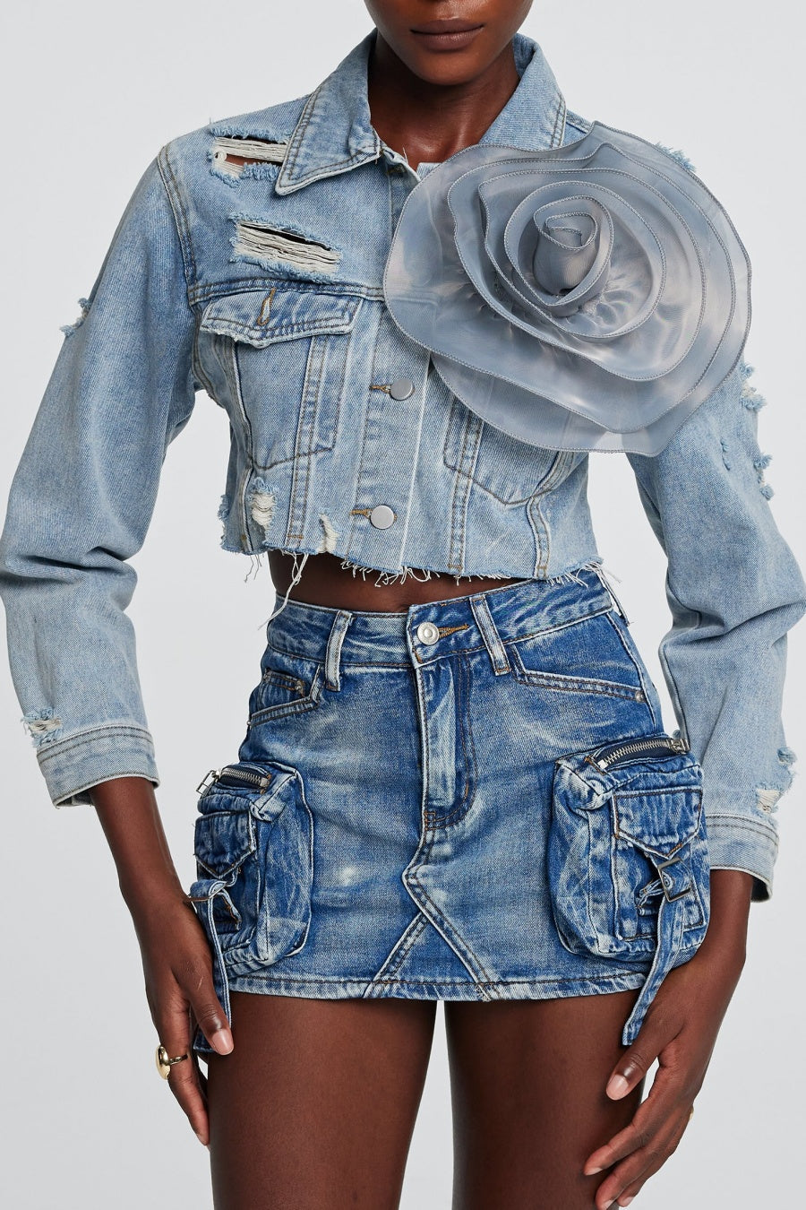 Alaiao Torn Flower Denim Jacket in Blue Flowering Girl
