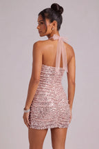 Blush Pink Sequin Halter Mini Dress Flowering Girl
