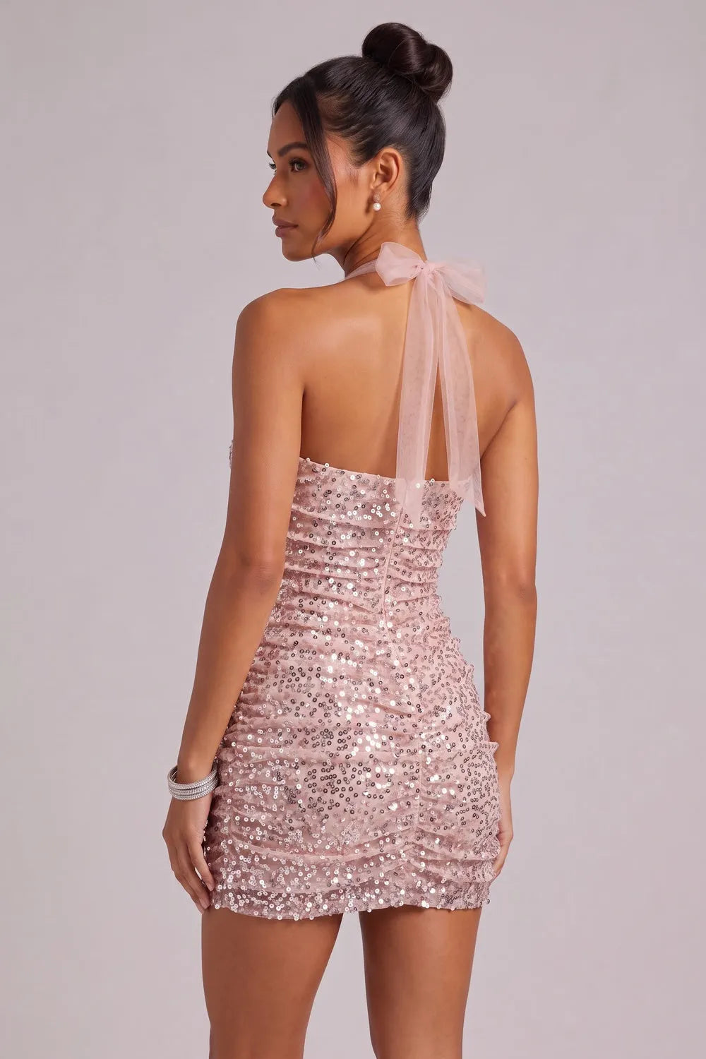 Blush Pink Sequin Halter Mini Dress Flowering Girl