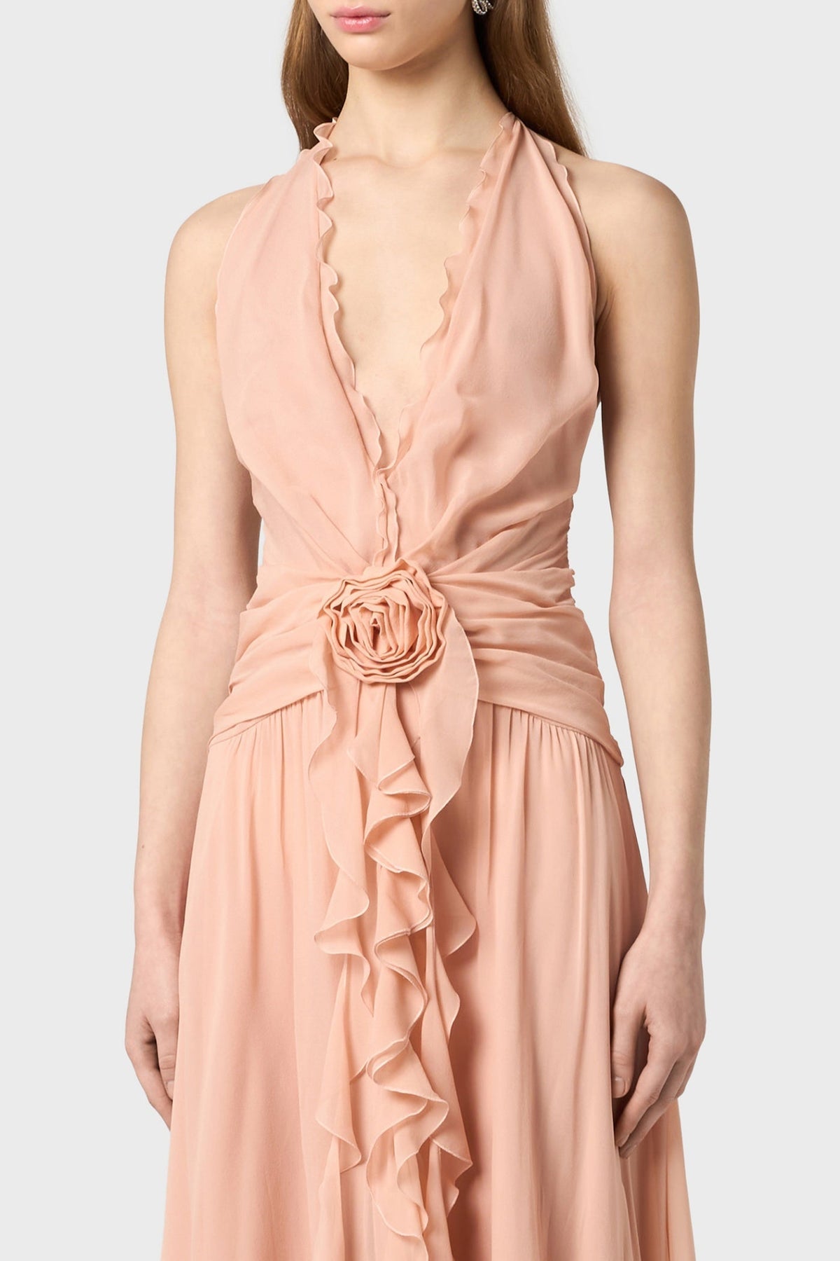 Aonaver Floral Ruffle Halter Maxi Dress - Pink Flowering Girl