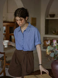 Blue Jacquard Striped Loose Flanged Striped Short-Sleeve Shirt Flowering Girl